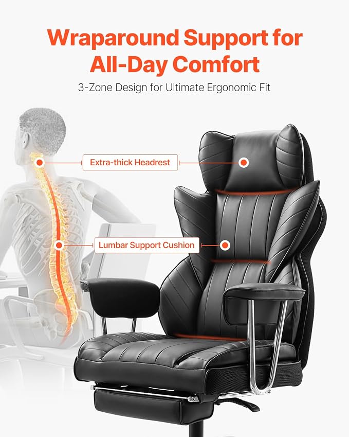 VEVOR Executive Office Chair with Footrest, 400lb Capacity Oversize Office Chair with Lumbar Pillow & Removable Armrests, Heavy Duty Ergonomic Chair, PU Leather Reclining Home Office Desk Chair, Black