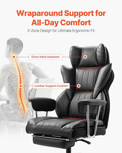VEVOR Executive Office Chair with Footrest, 400lb Capacity Oversize Office Chair with Lumbar Pillow & Removable Armrests, Heavy Duty Ergonomic Chair, PU Leather Reclining Home Office Desk Chair, Black