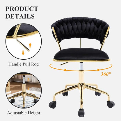 NIOIIKIT Home Office Chair, Velvet Upholstered Task Chair with Woven Open Back, 360° Swivel Desk Chair with Wheels, Adjustable Vanity Chair, Computer Chair for Office, Studio (Black)