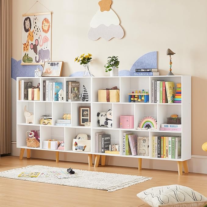 LEYAOYAO 10 Cube Bookshelf,3 Tier Modern Wide Bookcase with Legs,Mid-Century Wood Bookshelves Storage,White Large Book Case,Freestanding Organizer Display Shelf for Bedroom,Living Room,Office
