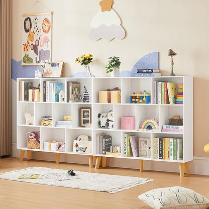 LEYAOYAO 10 Cube Bookshelf,3 Tier Modern Wide Bookcase with Legs,Mid-Century Wood Bookshelves Storage,White Large Book Case,Freestanding Organizer Display Shelf for Bedroom,Living Room,Office