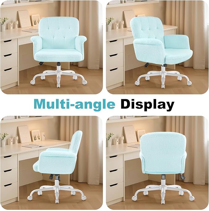 Comfy Home Office Desk Chair, Upholstered Fuzzy Vanity Chair with Wheels and Arms, Modern Adjustable Swivel Computer Seat for Make Up, Home Office, Living Room, Bedroom, Teddy Fleece, Blue