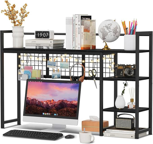 Snughome Desk Shelf, 44.9" Desktop Organizer Shelf, Desk Hutch for Computer Monitor, 4 Tier Desk Display Rack with Pegboard Hooks Set, Wood Desktop Bookshelf for Home Office Dorm