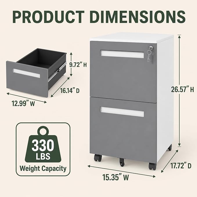SAWJEC 2 Drawer File Cabinet with Lock, Grey Fully Assembled Rolling Metal Filing Cabinet for Home Office, Fits Letter/Legal/A4, Grey, 18" D x 15" W x 27" H