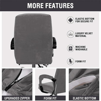 Velvet Plush Office Computer Chair Cover for Executive, Gray, XL | Stretchable, Ergonomic, Cat Proof Protector, For Mesh Chairs with Wheels & Armrests, Comfy Executive Rolling Chairs