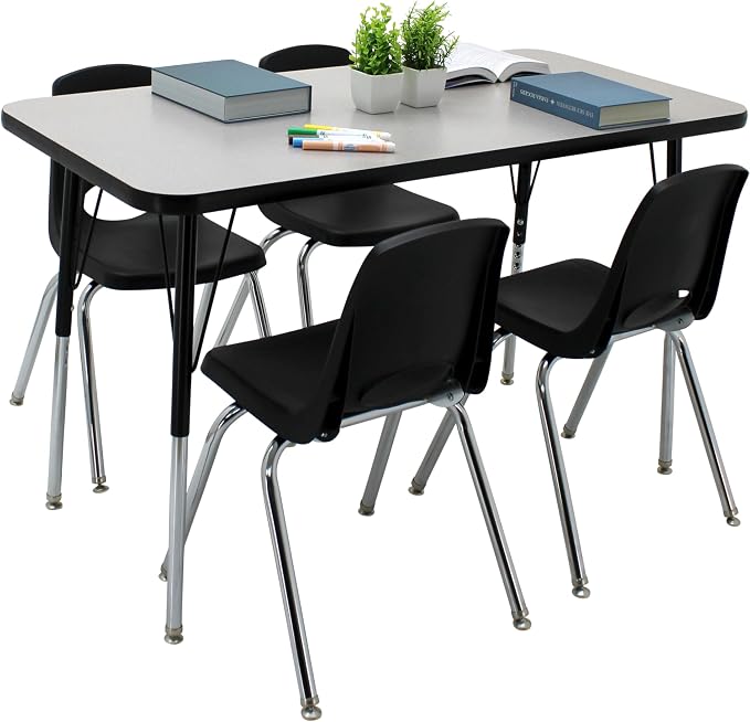 FDP Rectangle Activity School and Office Table (24 x 48 inch), Standard Legs with Swivel Glides, Adjustable Height 19-30 inches; Quick Ship Single Box - Gray Top and Black Edge