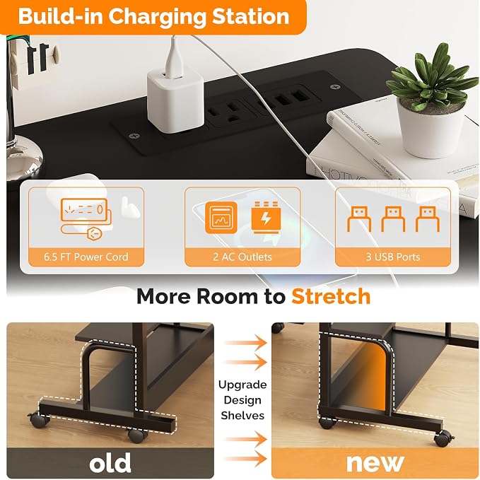 VINGLI 31.5" Mobile Small Standing Desk, Adjustable Height Mobile Computer Desk, w/2 AC Outlets + 3 USB Ports & Hooks, Storage Shelves, Suitable for Gaming, Studying, Home Office, Black
