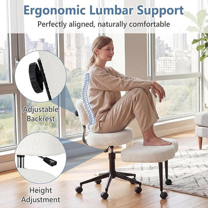 DUMOS Ergonomic ADHD Meditation Office Desk Chair with Adjustable Backrest, Cross Legged Chair Height Adjustable with 360° Swivel Footstool, Yoga Stool for Home Office, Teddy Fabric White