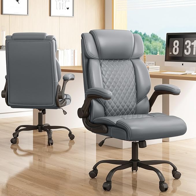 Office Chair-Executive High Back Breathable Big and Tall Office Chair Flip-up Armrests Lumbar Support-Ergonomic Leather Rolling Swivel Chair with Rock Function for Working Studying Gaming,2 Pack