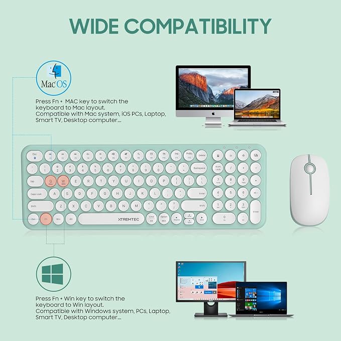 Wireless Keyboard and Mouse Combo,XTREMTEC 2.4GHz Quiet Slim Cute Round Keycap Compact Size Green Kawaii Cordless Retro Keyboard Mouse Set Home Office Accessories for Mac/Windows(Macaron Green)