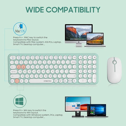Wireless Keyboard and Mouse Combo,XTREMTEC 2.4GHz Quiet Slim Cute Round Keycap Compact Size Green Kawaii Cordless Retro Keyboard Mouse Set Home Office Accessories for Mac/Windows(Macaron Green)