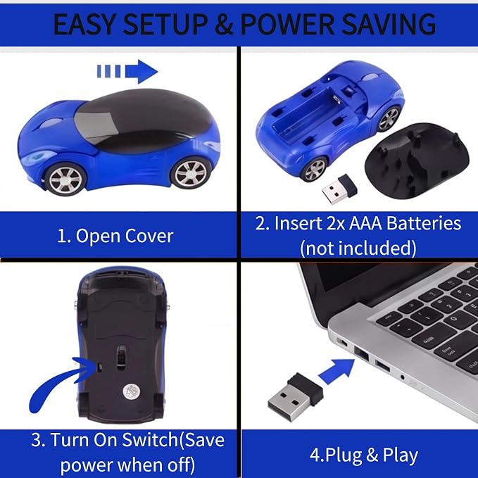 Blue Wireless Car Mouse, 2.4G with USB Receiver, 1600DPI Optical, Ergonomic Mini Computer Mouse, for Laptop, PC, Tablet, Windows, Mac OS