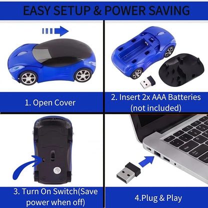 Blue Wireless Car Mouse, 2.4G with USB Receiver, 1600DPI Optical, Ergonomic Mini Computer Mouse, for Laptop, PC, Tablet, Windows, Mac OS