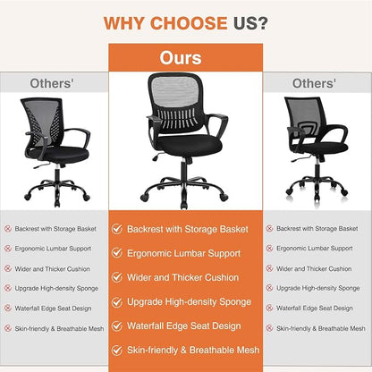 Sweetcrispy Home Office Managerial Executive Chair with Ergonomic Design, Mid-Back Mesh 360° Swivel, Comfortable Lumbar Support, Comfy Arms for Bedroom,Study,Student, Black
