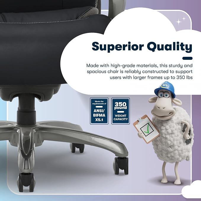 Serta Jackson Big and Tall Executive Home Office Chair with Smart Layers Technology, Wide Seat Cushion, Modern Comfy DeskChairs with Rolling Swivel Wheels, Bonded Leather, Black
