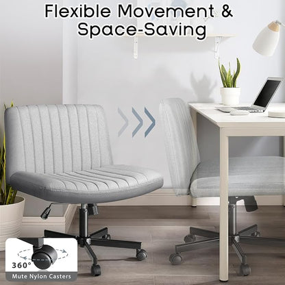 PUKAMI Criss Cross Chair,Comfy Cross Legged Office Desk Chair No Wheels,Modern Fabric Swivel Adjustable Height Mid Back Wide Seat for Home Office Computer (Grey with Wheels)