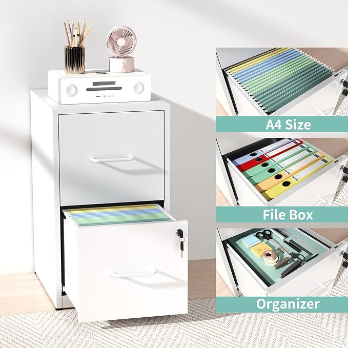 AQY 2 Drawer File Cabinet with Lock, Metal White Filing Cabinets for Home Office, 18" Deep Heavy Duty Vertical Storage Cabinet for Hanging A4/Letter/Legal Size Files, Assembly Require
