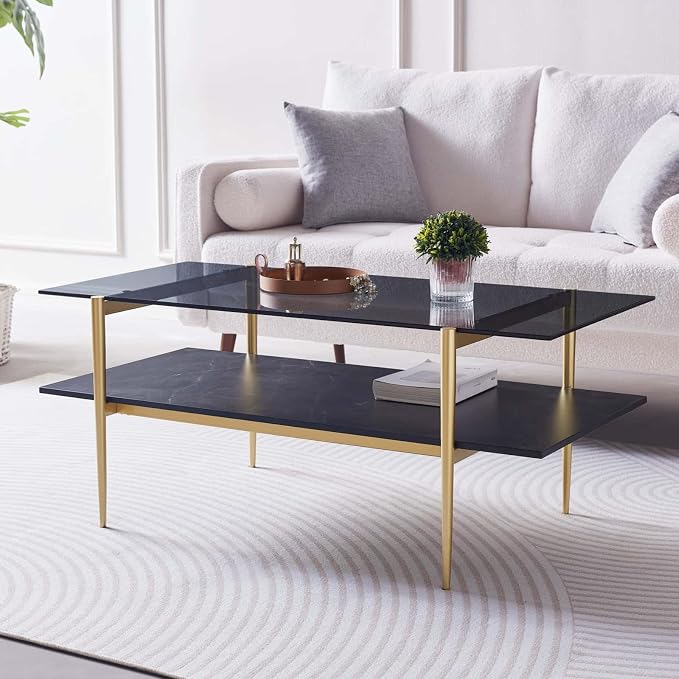 LumFurn Rectangle Coffee Table for Living Room, Mid-Century Modern Design, L41 x W21 x H17, 2-Tier Structure, Clear Glass Top and Black Marble Wood Shelf, Conical Metal Legs with Gold Finish