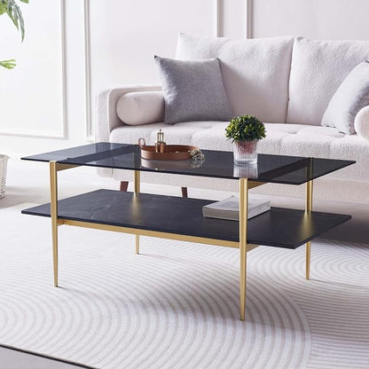 LumFurn Rectangle Coffee Table for Living Room, Mid-Century Modern Design, L41 x W21 x H17, 2-Tier Structure, Clear Glass Top and Black Marble Wood Shelf, Conical Metal Legs with Gold Finish