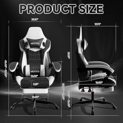 Gaming Chair with Footrest, High Back Gaming Chairs PVC Leather Ergonomic Gamer Chair with Adjustable Headrest Lumbar Support Racing Style Video Gaming Chair for Office/Home (Black White)