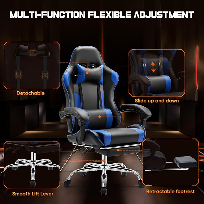 Sweetcrispy Video Game Desk Chair, High Back Ergonomic PU Leather Computer Gaming Chair with Adjustable Headrest & Footrest, Linkage Armrest and Height Adjustable, 360° Swivel, for Adults, Blue