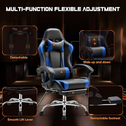 Sweetcrispy Video Game Desk Chair, High Back Ergonomic PU Leather Computer Gaming Chair with Adjustable Headrest & Footrest, Linkage Armrest and Height Adjustable, 360° Swivel, for Adults, Blue