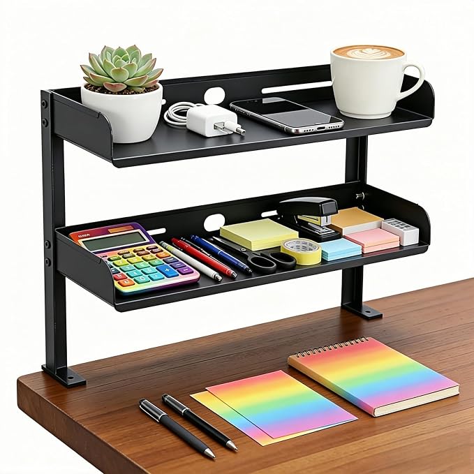 CanKing Desk Clamp Shelf 15 Inch 2 Tier Adjustable Storage Rack | Sturdy metal organizer saves space, fits securely on or under table for office, gaming & cubicle