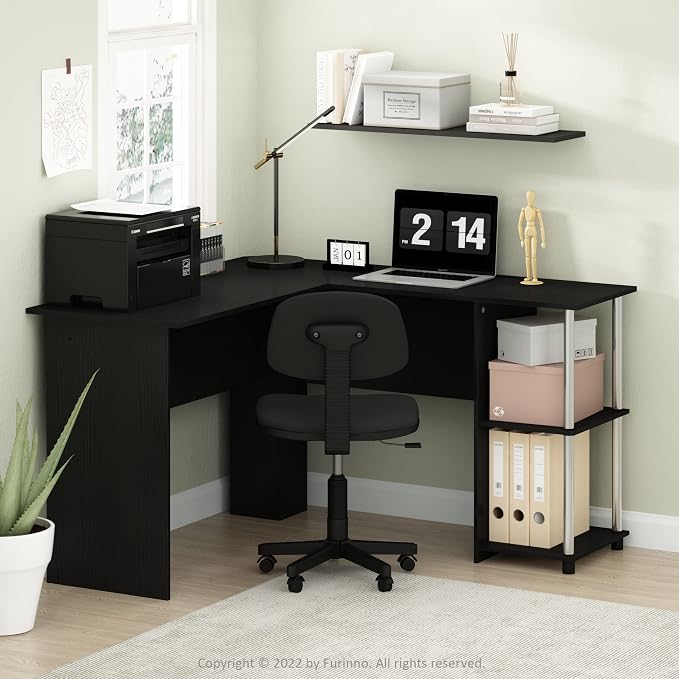 Furinno Abbott L-Shape Computer Desk with Stainless Steel Tubes Bookshelf, Americano/Chrome