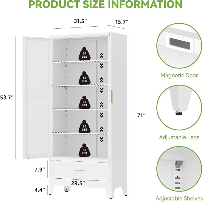 71"Tall Metal Storage Cabinet with Drawer and 4 Adjustable Shelves,Farmhouse Kitchen Pantry Storage Cabinet with Doors, Freestanding White Locker Cabinets for Office,Dining Room,Bathroom(White)