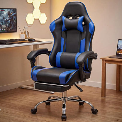 Sweetcrispy Video Game Desk Chair, High Back Ergonomic PU Leather Computer Gaming Chair with Adjustable Headrest & Footrest, Linkage Armrest and Height Adjustable, 360° Swivel, for Adults, Blue
