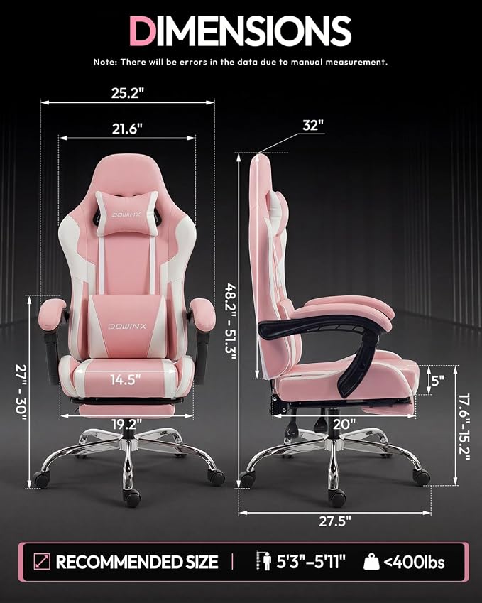 Dowinx Ergonomic Gaming Chair with Footrest & Massage Lumbar, 2D-Linkage Armrests for Computer Chair 330lbs with Headrest Pillow for Office, Home, Streaming and Long Gaming Sessions, Bright Pink