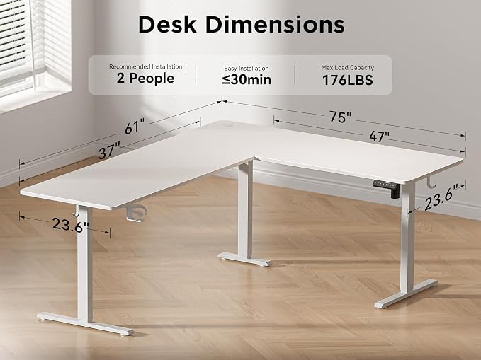 WALKINGDESK 75x61 Inches Reversible L Shaped Standing Desk Height Adjustable with Cup Holder, Electric Corner Computer Workstation for Home Office, Sit Stand up Gaming Desk with Cable Management White