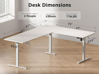 WALKINGDESK 75x61 Inches Reversible L Shaped Standing Desk Height Adjustable with Cup Holder, Electric Corner Computer Workstation for Home Office, Sit Stand up Gaming Desk with Cable Management White
