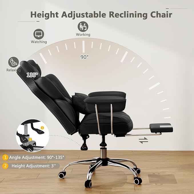 Giantex Office Desk Chair, Big and Tall Executive Office Chair with Foot Rest and Lumbar Support, High Back Leather Swivel Computer Task Chair, Large Ergonomic Reclining Home Office Chair, Black