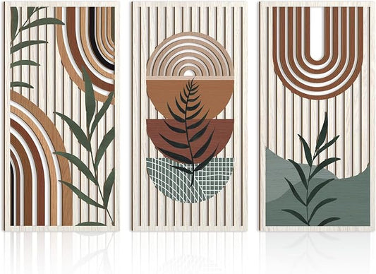 IARTTOP Large Boho Wood Wall Art 16x32 Inch Mid Century Modern Bohemian Wooden Wall Decor Brown Minimalist Geometric Plant Decor for Bedroom Living Room Dining room Set of 3