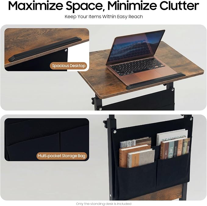 Small Mobile Standing Desk with Storage, 24" L×16" W Mobile Office Table, Rolling Laptop Table with 180° Flip, 32-47in Adjustable Height Desk for Small Spaces Home Offices