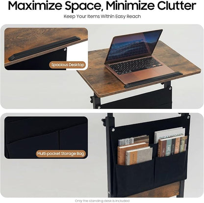 Small Mobile Standing Desk with Storage, 24" L×16" W Mobile Office Table, Rolling Laptop Table with 180° Flip, 32-47in Adjustable Height Desk for Small Spaces Home Offices