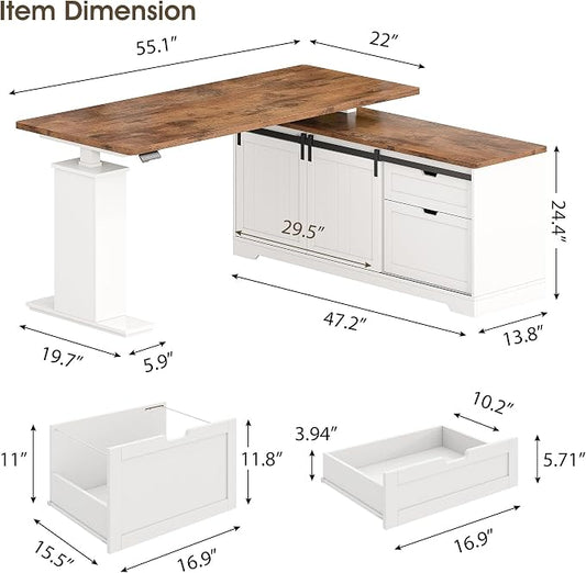 Whalefall 55" Farmhouse L Shaped Standing Desk with Storage Drawers, White | Home Office Electric Remote Work Desk with Cable Management and Deep Filing Cabinet Height Adjustable Corner Desk for Gaming
