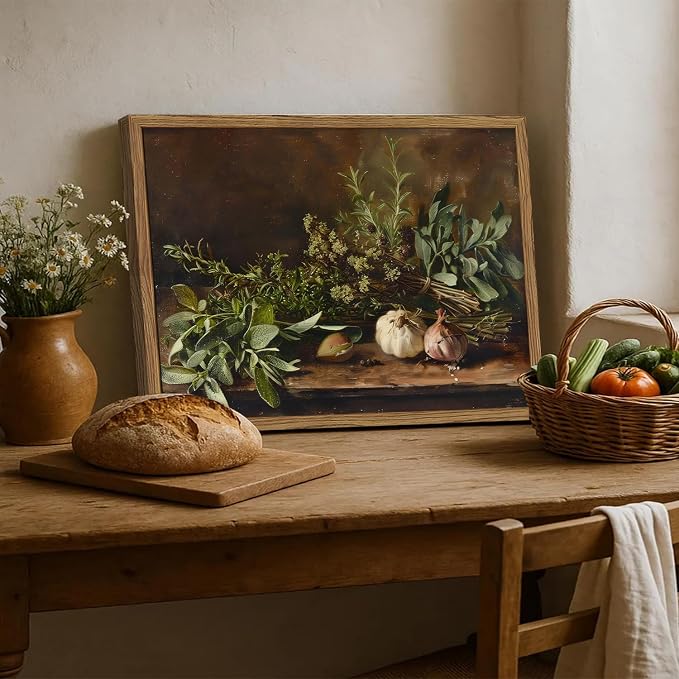 Framed Vintage Kitchen Wall Art, Rustic Garlic and Herbs Pictures Wall Decor Paintings, Farmhouse Cottagecore Canvas Prints Artwork for Home Dining Room Living Room 16x24 inch