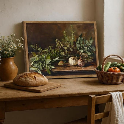 Framed Vintage Kitchen Wall Art, Rustic Garlic and Herbs Pictures Wall Decor Paintings, Farmhouse Cottagecore Canvas Prints Artwork for Home Dining Room Living Room 16x24 inch
