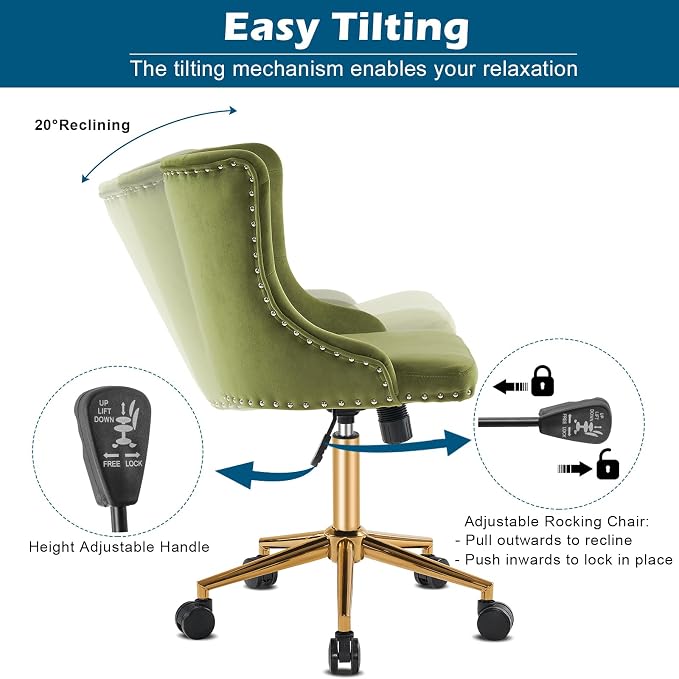 VINGLI Olive Green Velvet Armless Office Desk Chair with Gold Base/Wheels, Small Cute Vanity/Makeup Chair with Back for Bedroom, Upholstered Adjustable Rolling Swivel Nail Chair for Women/Girls