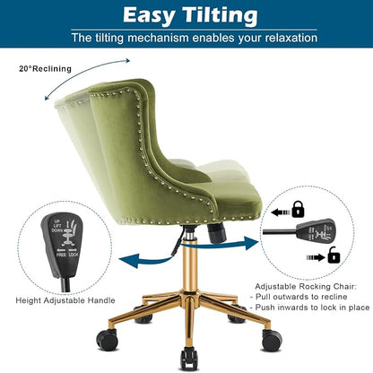 VINGLI Olive Green Velvet Armless Office Desk Chair with Gold Base/Wheels, Small Cute Vanity/Makeup Chair with Back for Bedroom, Upholstered Adjustable Rolling Swivel Nail Chair for Women/Girls