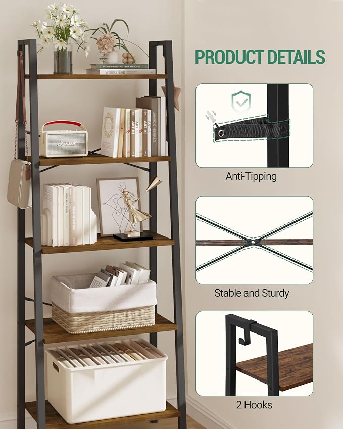 Hzuaneri Ladder Shelf, Bookshelf Bookcase, Freestanding Corner Storage Shelve with 2 Hooks for Home Office, Living Room, Kitchen, Bedroom, Industrial, 11.8" D x 23.6" W x 63" H, Rustic Brown BC19301B