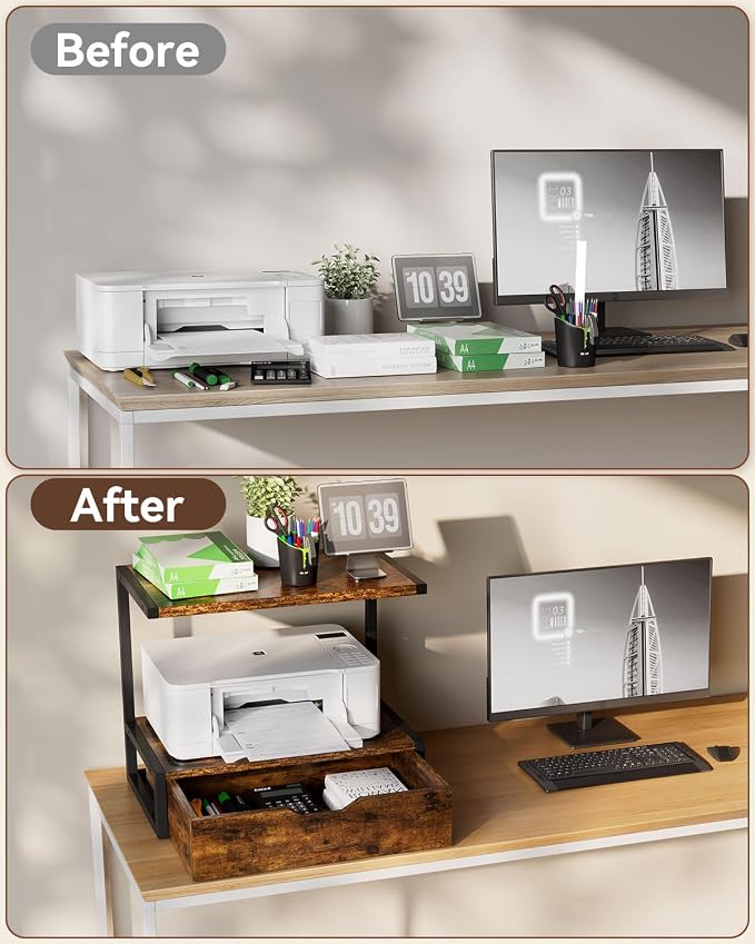 IBUYKE 2 Tier Desktop Printer Stand,Printer Table with Storage Shelf,Multi-Purpose Desk Organizer for Folders,Books,for Fax Machine, Scanner,Home Office,Brown TLJ015H