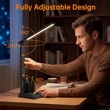 cozoo LED Desk Lamps for Home Office, Modern Dimmable Eye Cariing Desk Light with USB Charging Ports AC Outlet, Pen Holder,Touch/Memory/Timer, Kids Small Table Lamp for Reading, Bedroom, Study, Craft
