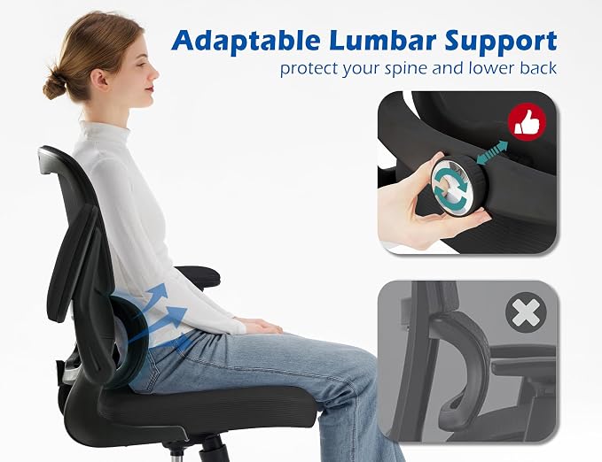 TRALT Ergonomic Office Chair - Desk Chair with Adjustable Headrest Lumbar Support Computer Chair - Mesh Comfy Chair with Flip-up Armrests - Gaming Chair for Adults Home Office PU, Black, Pack of 2