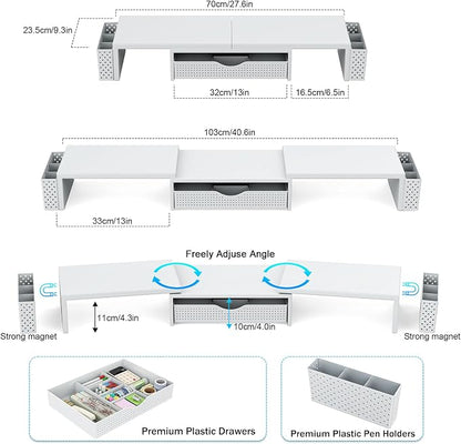 Spacrea Metal Desk Organizers and Accessories, Dual Monitor Stand Riser with Drawer and 2 Pen Holders, Desk Accessories & Workspace Desktop Organizers for Office Supplies (White)