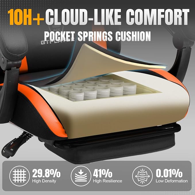GTPLAYER Gaming Chair with Pocket Spring Cushion, Leather Office Chair with Ergonomic High Back & Lumbar Support for Back Pain Relief, Computer Game Chair for Adults, Orange