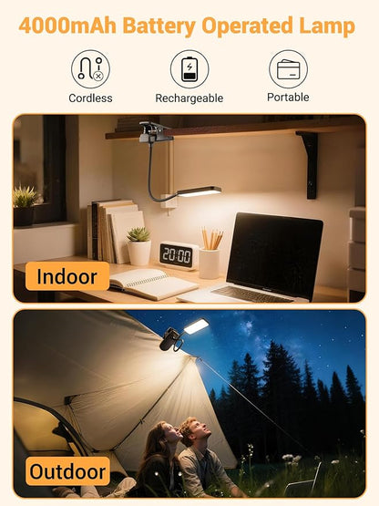 Clip on Light,9 Brightness+5 Colors Rechargeable Lamp,4000mAh Battery Powered Lamp,450 Lumen 48 LED Desk Lamp with Clamp,Cordless & Wireless Lamp,Reading Light for Bed/Headboard/Table/Dorm/Home Office