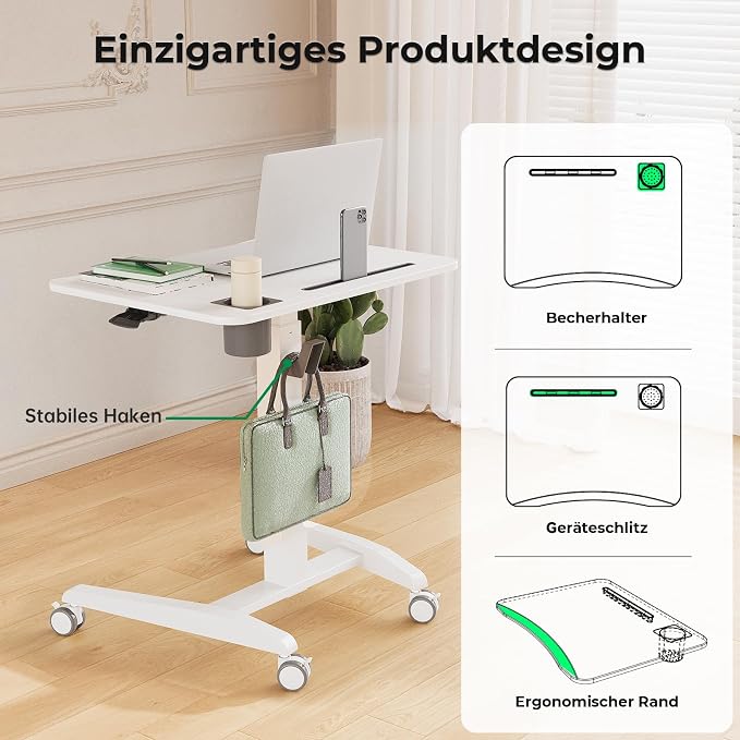 Gibbon Mounts Mobile Standing Desk, Height Adjustable Rolling Laptop Desk, 27 inches Portable Sit Stand Desk with Wheels and Hook, Pneumatic Computer Table, White